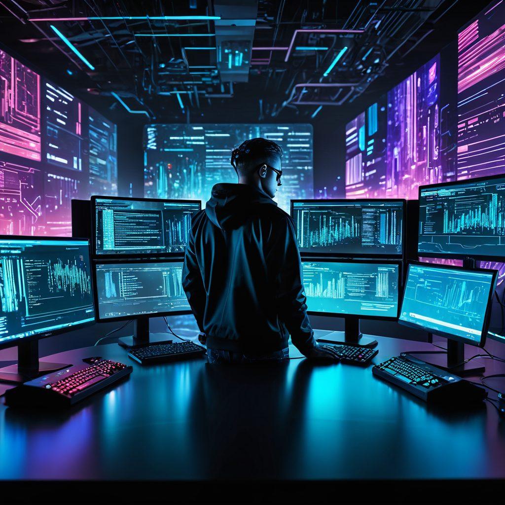 A dynamic scene featuring a developer surrounded by holographic screens displaying snippets of both backend code (like Node.js or Ruby on Rails) and frontend elements (like React and Angular). The background should include both data servers and client devices interacting seamlessly. cyberpunk. vibrant colors. 3D.