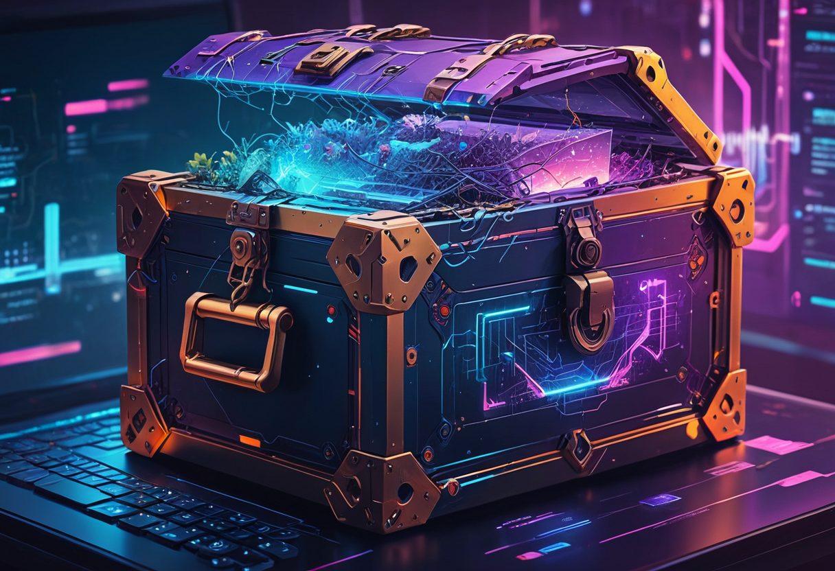 A futuristic digital landscape showcasing interconnected web components with developers working on code. The front-end side features vibrant, sleek UI designs, while the back-end appears as complex algorithms and servers. Include a locked treasure chest being opened, symbolizing the secrets being unlocked. cyberpunk. vibrant colors. futuristic.