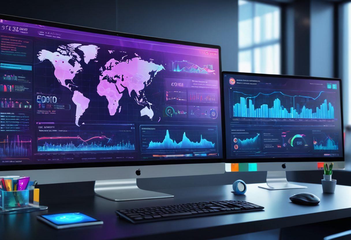 A futuristic, sleek web interface on a large monitor, surrounded by holographic icons representing performance graphs, security shields, and SEO stats. The background should show a tech-savvy office with modern decor and abstract digital elements. vibrant colors. 3D. super-realistic.